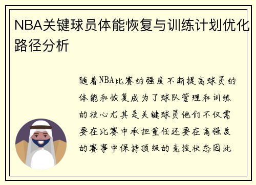 NBA关键球员体能恢复与训练计划优化路径分析 NBA关键球员体能恢复与训练计划优化路径分析