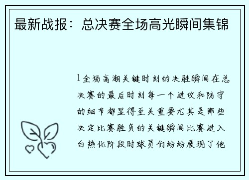 最新战报：总决赛全场高光瞬间集锦